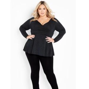 Avenue Black Long-Sleeve Wrap Peplum Top